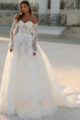 Dressystars White Wedding Dress A Line Off The Shoulder Lace Bridal Gown With Sleeves