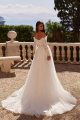 Dressystars White Wedding Dress A Line Off The Shoulder Sleeve Tulle Bridal Gown With Appliques