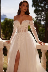Dressystars White Wedding Dress A Line Off The Shoulder Sleeve Tulle Bridal Gown With Appliques