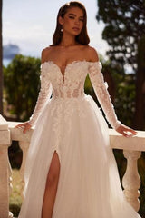 Dressystars White Wedding Dress A Line Off The Shoulder Sleeve Tulle Bridal Gown With Appliques