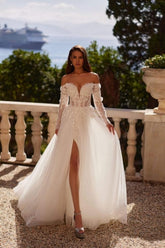 Dressystars White Wedding Dress A Line Off The Shoulder Sleeve Tulle Bridal Gown With Appliques