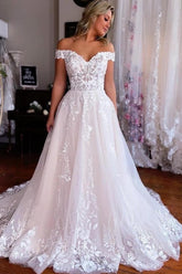 Dressystars White Wedding Dress A Line Off The Shoulder Sleeveless Bridal Gown With Lace