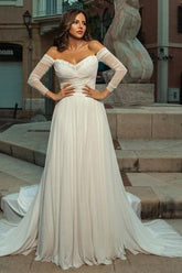Dressystars White Wedding Dress A Line Off The Shoulder Sleeves Chiffon Ruffles Bridal Gown