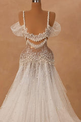 Dressystars White Wedding Dress A Line Off The Shoulder Spaghetti Strap Beaded Lace Tulle Bridal Gown With Pearls