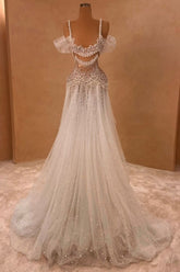 Dressystars White Wedding Dress A Line Off The Shoulder Spaghetti Strap Beaded Lace Tulle Bridal Gown With Pearls