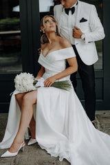 Dressystars White Wedding Dress A Line Off The Shoulder Split Front Lace Up Bridal Gown Panel Train