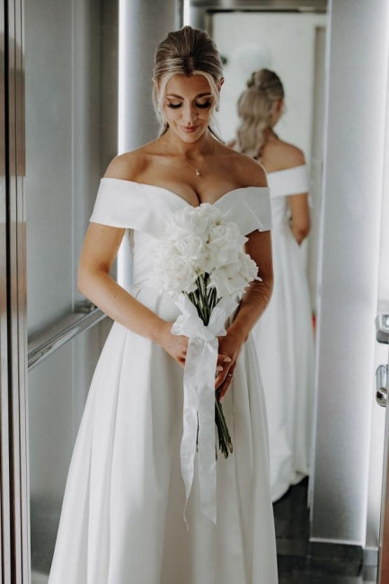 Dressystars White Wedding Dress A Line Off The Shoulder Split Front Lace Up Bridal Gown Panel Train