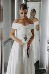 Dressystars White Wedding Dress A Line Off The Shoulder Split Front Lace Up Bridal Gown Panel Train