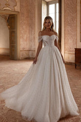 Dressystars White Wedding Dress A Line Off The Shoulder Tulle Rhinestones Pearls Bridal Gown