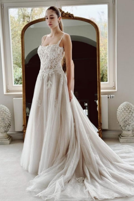 Dressystars White Wedding Dress A Line Spaghetti Strap Beaded Cathedral Train Lace Tulle Bridal Gown With Appliques