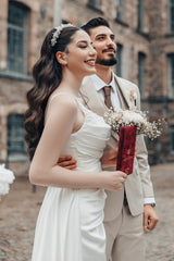 Dressystars White Wedding Dress A Line Spaghetti Strap Ruffle Sweep Train Satin Bridal Gown With Slit