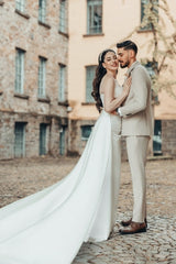 Dressystars White Wedding Dress A Line Spaghetti Strap Ruffle Sweep Train Satin Bridal Gown With Slit