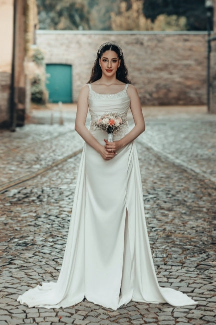 Dressystars White Wedding Dress A Line Spaghetti Strap Ruffle Sweep Train Satin Bridal Gown With Slit