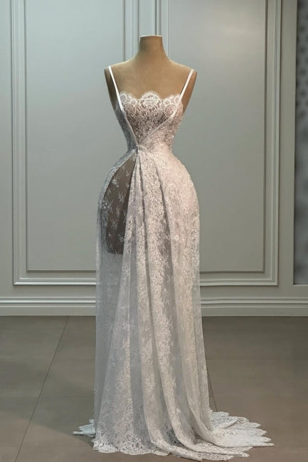 Dressystars White Wedding Dress A Line Spaghetti Strap Sleeveless Sweep Train Lace Bridal Gown
