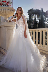 Dressystars White Wedding Dress A Line Spaghetti Strap V Neck Cap Sleeves Tulle Bridal Gown With Appliques