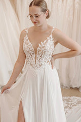 Dressystars White Wedding Dress A Line Spaghetti Strap V Neck Sleeveless Chiffon Split Front Bridal Gown With Appliques