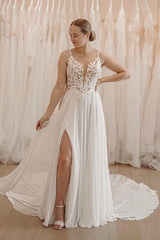 Dressystars White Wedding Dress A Line Spaghetti Strap V Neck Sleeveless Chiffon Split Front Bridal Gown With Appliques