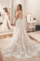 Dressystars White Wedding Dress A Line Spaghetti Strap V Neck Sleeveless Tulle Split Front Bridal Gown With Appliques