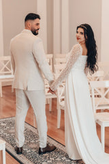 Dressystars White Wedding Dress A Line Square Beaded Sleeves Ruffles Panel Train Satin Bridal Gown