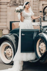 Dressystars White Wedding Dress A Line Square Neck Tulle Lace Bridal Gown With Short Sleeves