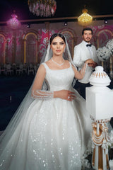 Dressystars White Wedding Dress A Line Square Spaghetti Strap Sequined Ball Gown Satin Bridal Gown With Ruffles