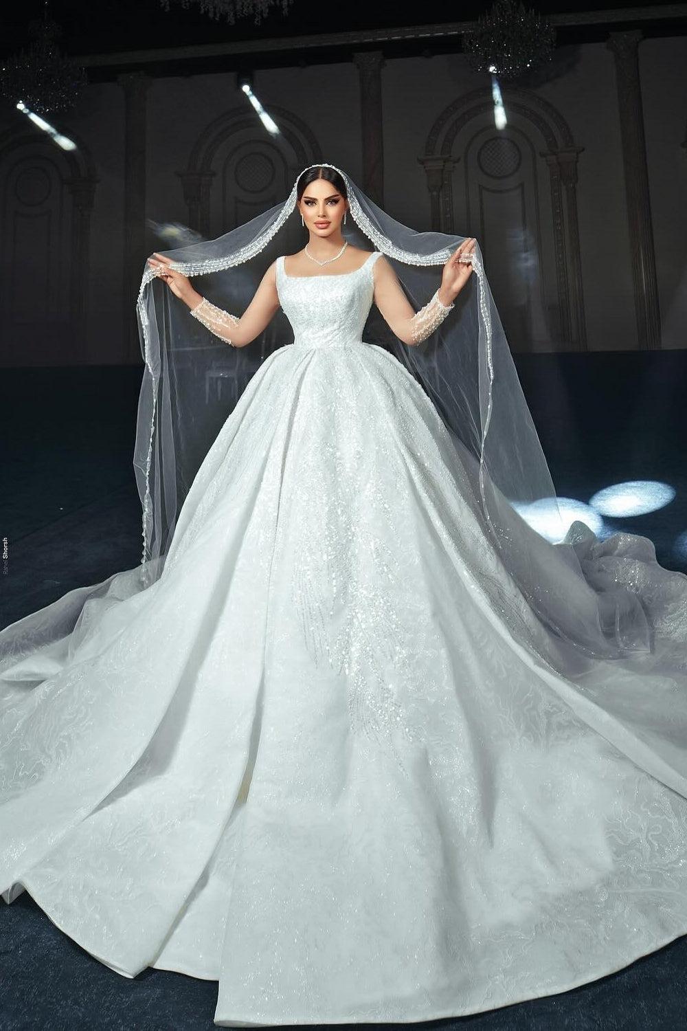 Dressystars White Wedding Dress A Line Square Spaghetti Strap Sequined Ball Gown Satin Bridal Gown With Ruffles