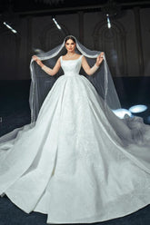 Dressystars White Wedding Dress A Line Square Spaghetti Strap Sequined Ball Gown Satin Bridal Gown With Ruffles