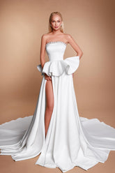 Dressystars White Wedding Dress A Line Strapless Sleeveless Beaded Satin Ruffle Bridal Gown With High Slit