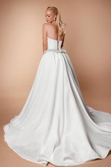Dressystars White Wedding Dress A Line Strapless Sleeveless Beaded Split Front Satin Bridal Gown With Pearls