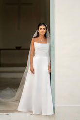 Dressystars White Wedding Dress A Line Strapless Sleeveless Floor Length Satin Bridal Gown With Ruffles
