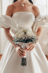 Dressystars White Wedding Dress A Line Strapless Sleeveless Sweep Train Satin Bridal Gown
