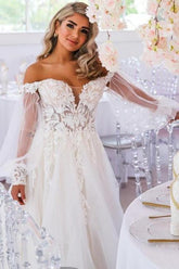 Dressystars White Wedding Dress A Line Sweetheart Off The Shoulder Lace Tulle Bridal Gown With Appliques