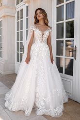 Dressystars White Wedding Dress A Line V Neck Cap Sleeves Lace Tulle Bridal Gown With Appliques