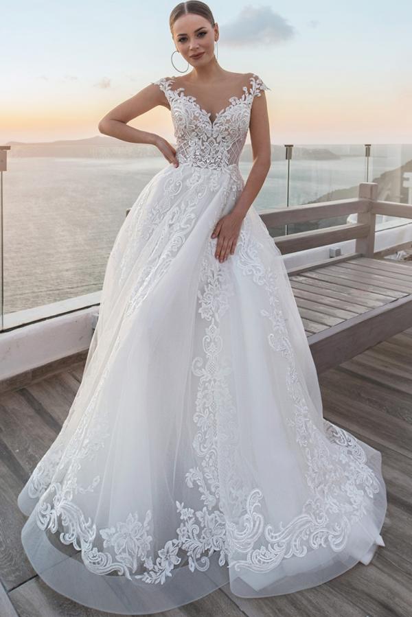 Dressystars White Wedding Dress A Line V Neck Off The Shoulder Sleeveless Lace Tulle Bridal Gown With Appliques