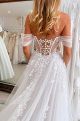 Dressystars White Wedding Dress A Line V Neck Off The Shoulder Sleeveless Tulle Bridal Gown With Appliques