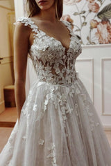 Dressystars White Wedding Dress A Line V Neck Sleeveless Backless Lace Cathedral Train Bridal Gown With Appliques