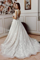 Dressystars White Wedding Dress A Line V Neck Sleeveless Backless Lace Cathedral Train Bridal Gown With Appliques