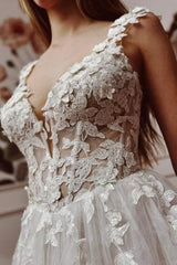 Dressystars White Wedding Dress A Line V Neck Sleeveless Backless Lace Cathedral Train Bridal Gown With Appliques