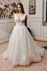 Dressystars White Wedding Dress A Line V Neck Sleeveless Backless Lace Cathedral Train Bridal Gown With Appliques