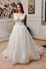 Dressystars White Wedding Dress A Line V Neck Sleeveless Backless Lace Cathedral Train Bridal Gown With Appliques