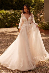 Dressystars White Wedding Dress A Line V Neck Sleeves Sweep Train Tulle Bridal Gown With Appliques
