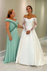 Dressystars White Wedding Dress Ball Gown Off The Shoulder Lace Sleeves Chapel Train Satin Bridal Gown