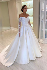 Dressystars White Wedding Dress Ball Gown Off The Shoulder Lace Sleeves Chapel Train Satin Bridal Gown