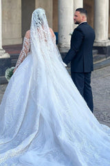 Dressystars White Wedding Dress Ball Gown Off The Shoulder Sleeves Beaded Lace Cathedral Train Bridal Gown