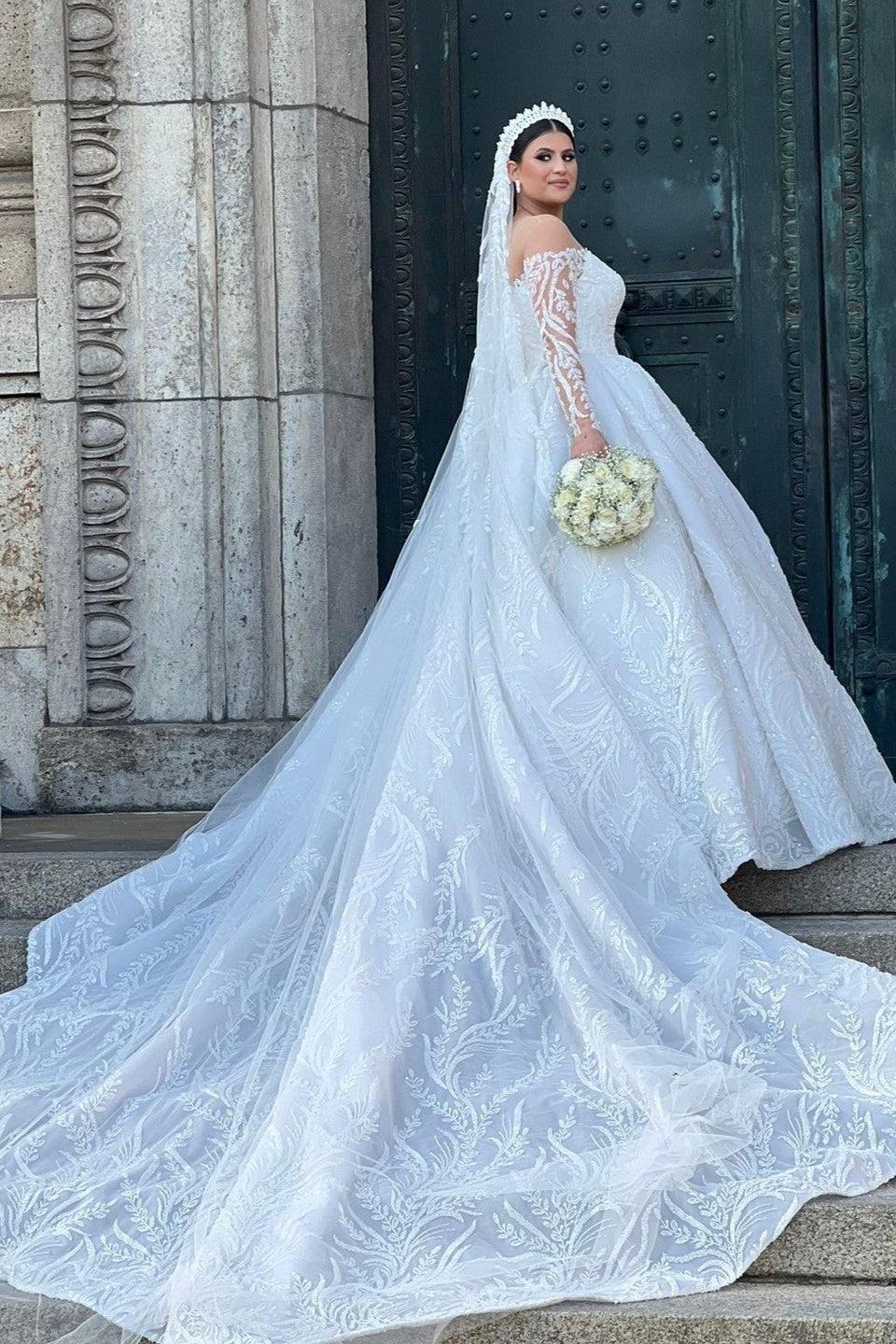 Dressystars White Wedding Dress Ball Gown Off The Shoulder Sleeves Beaded Lace Cathedral Train Bridal Gown