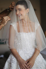 Dressystars White Wedding Dress Ball Gown Square Spaghetti Straps Sleeveless Beaded Sequined Cathedral Train Bridal Gown