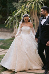 Dressystars White Wedding Dress Ball Gown Strapless Sleeveless Sequined Cathedral Train Bridal Gown