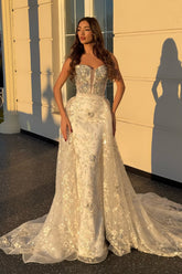 Dressystars White Wedding Dress Column Strapless Beaded Sequined Sleeveless Panel Train Lace Bridal Gown With Rhinestone
