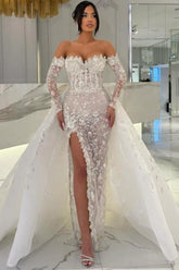 Dressystars White Wedding Dress Column Sweetheart Off The Shoulder Sleeves Panel Train Lace Bridal Gown With Slit