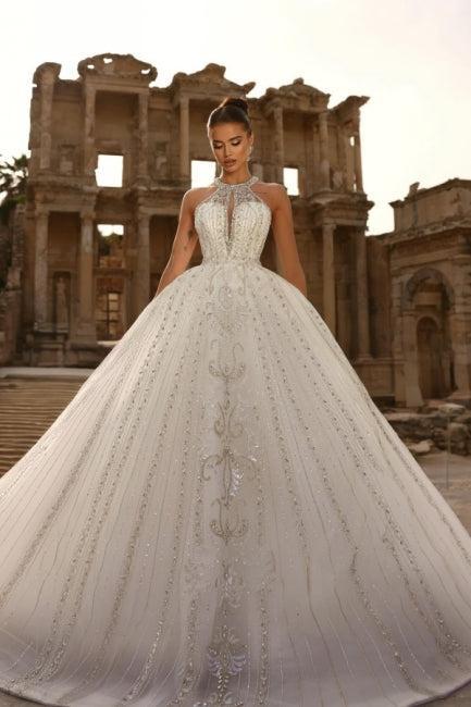 Dressystars White Wedding Dress Halter A Line Sleeveless Sequined Lace Ball Gown Tulle Bridal Gown With Appliques